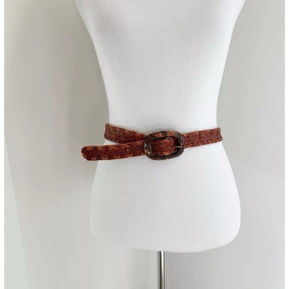 Vintage Hand Made Tooled Brown Western Leather Belt Mexico Wood Buckle 26-30 Sm - Picture 12 of 12
